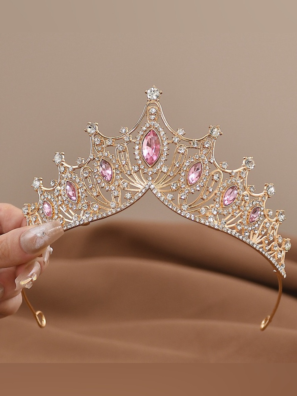 Gold Tiara Headband with Pink Crystal Accents - Women's Hair Accessory